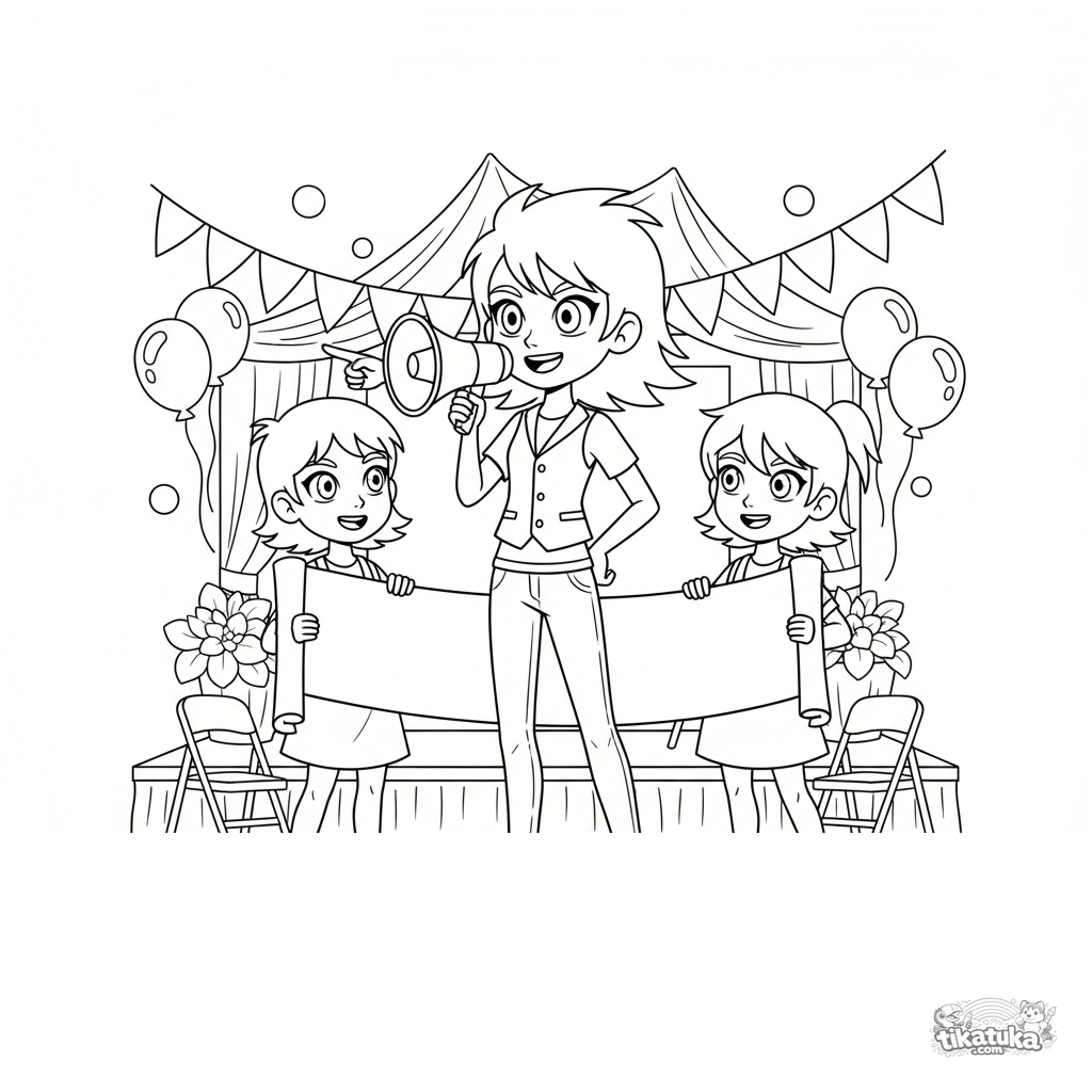 Menina com megafone dirigindo amigos