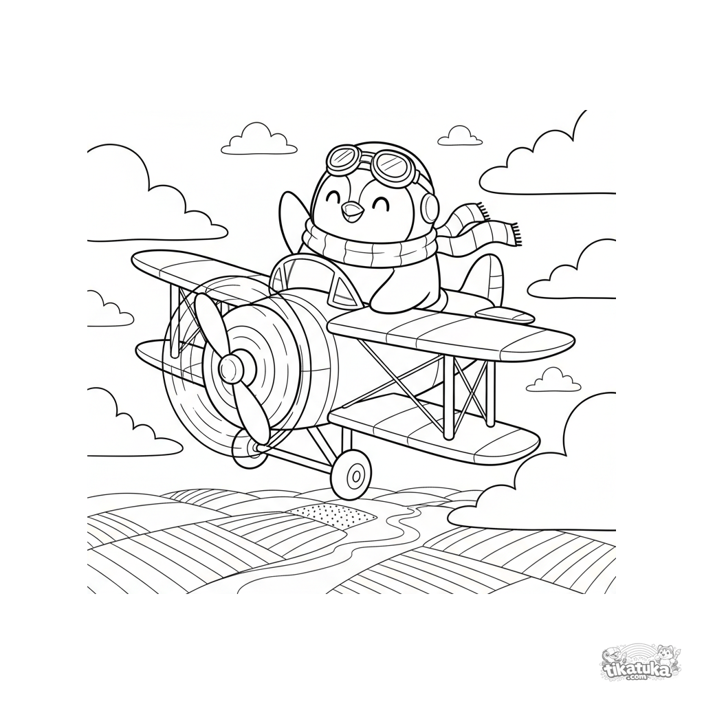 Pinguim Marcel Voando em um Biplano Vintage