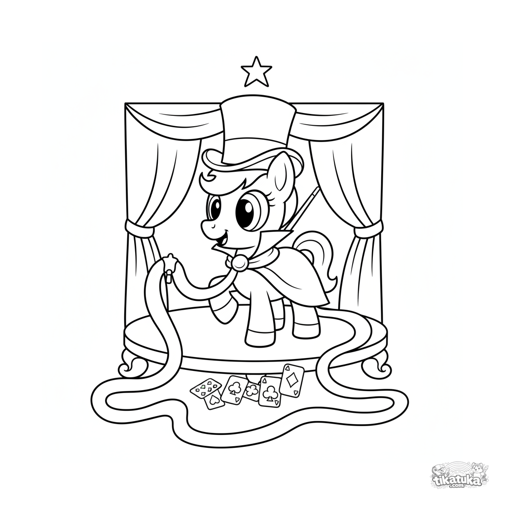 Pônei mágico no palco puxando lenço