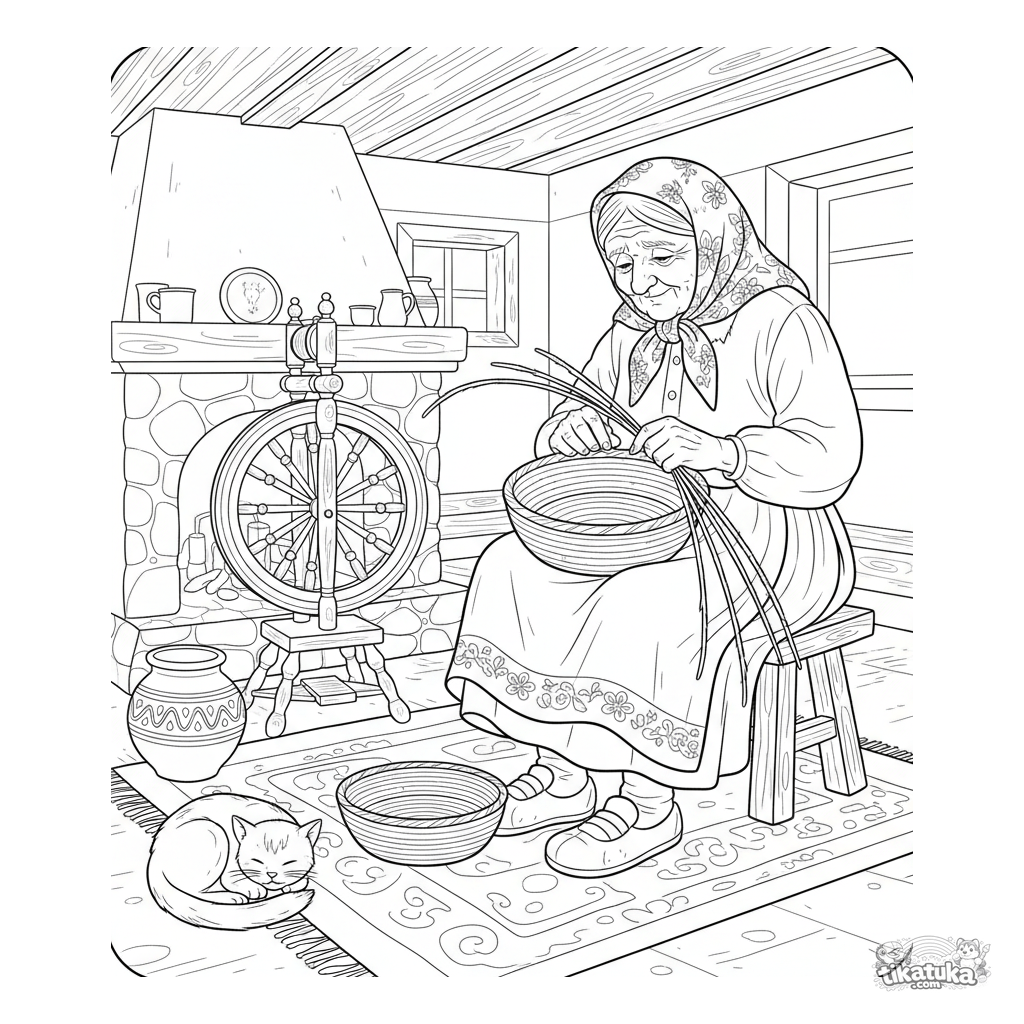 Avó tecendo uma cesta na cabana