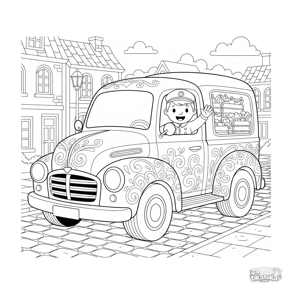 Caminhão de entrega vintage com padrões florais