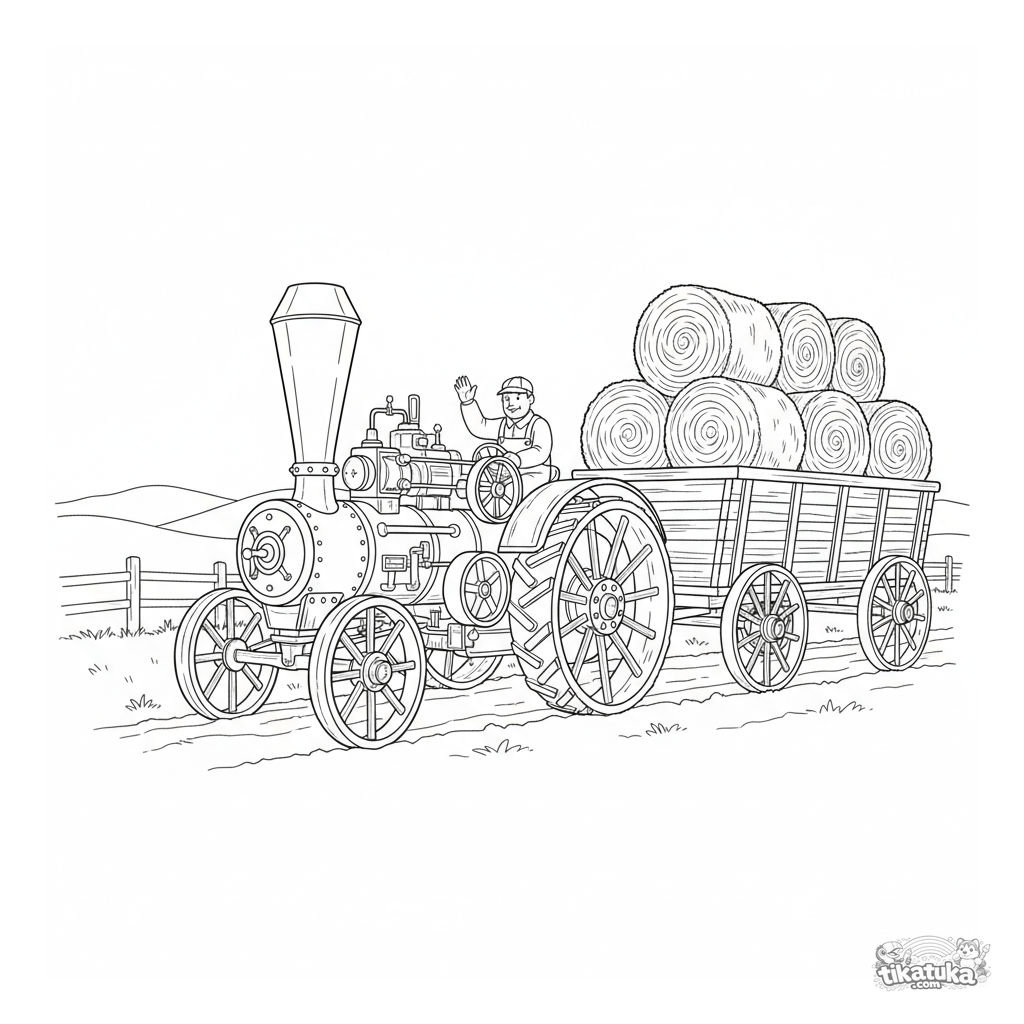 Trator a Vapor Antigo Puxando uma Carroça de Feno