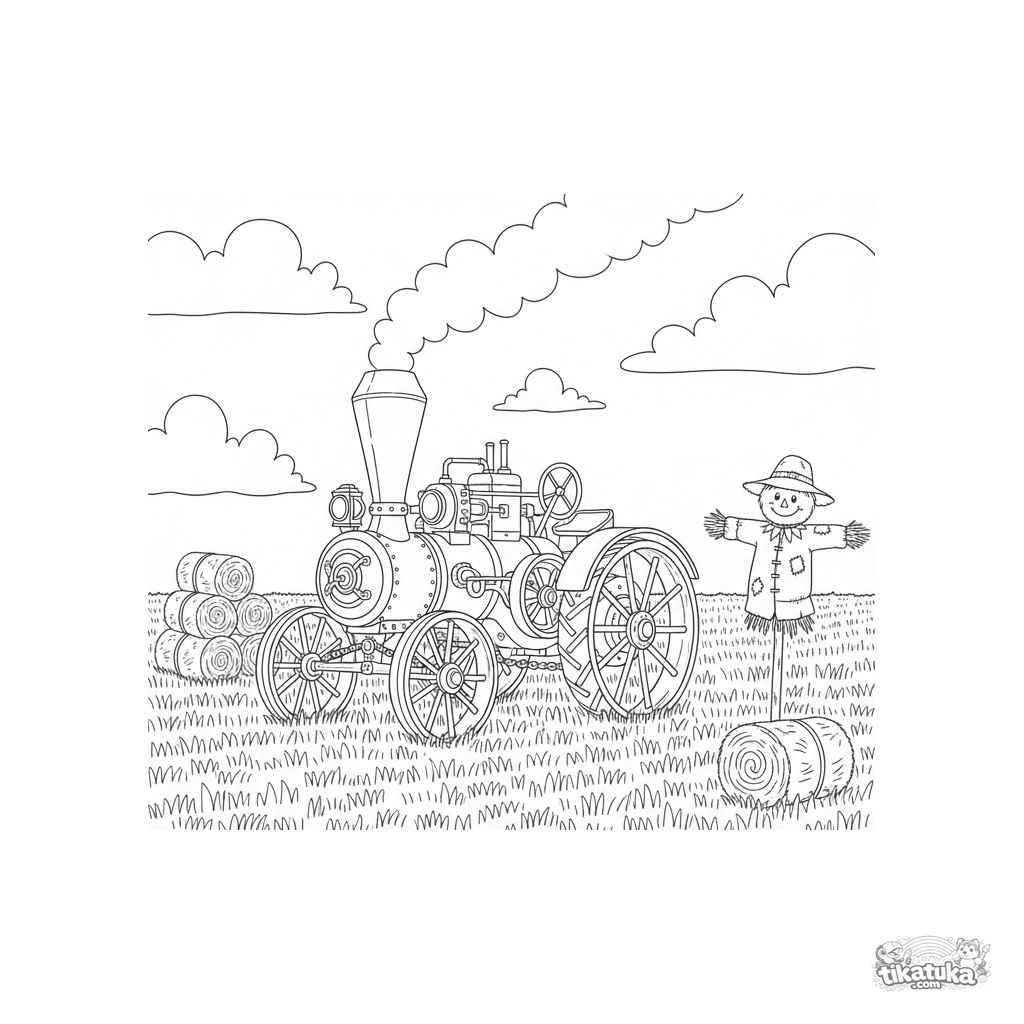 Trator a Vapor Vintage em um Campo de Feno