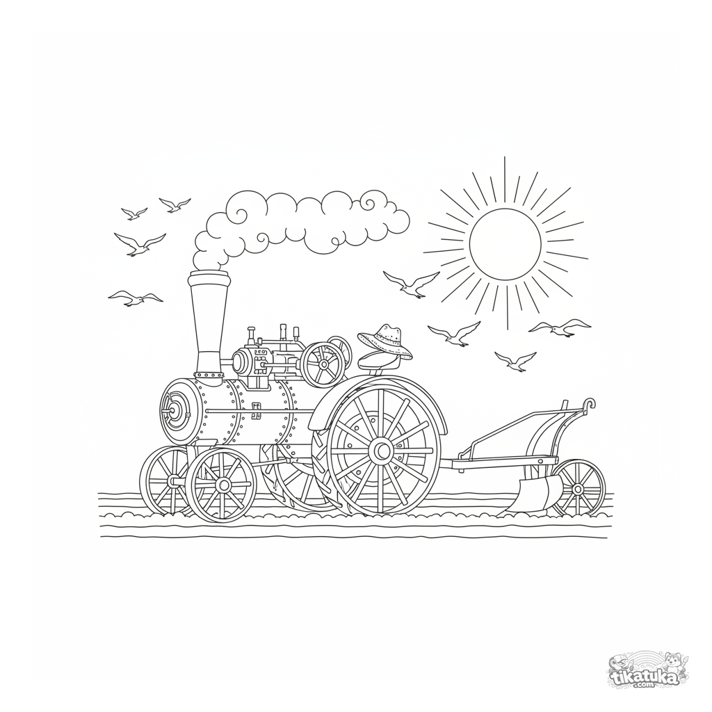 Trator a Vapor Vintage Arando ao Amanhecer