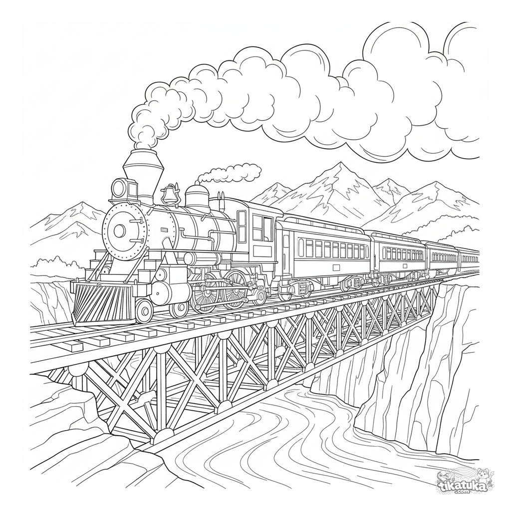 Trem a vapor antigo cruzando ponte de ferro