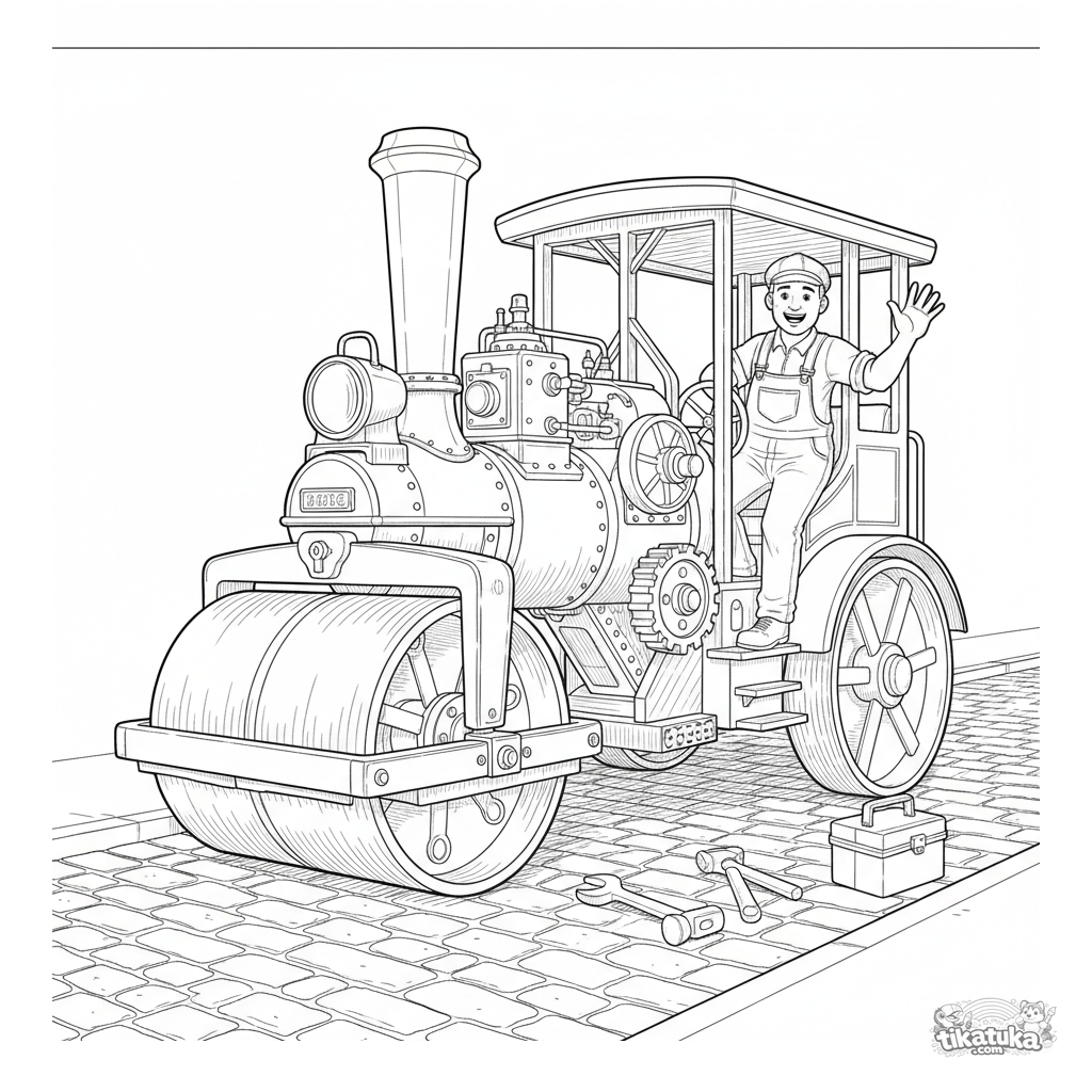 Rolo Compressor a Vapor Antigo na Rua de Paralelepípedos